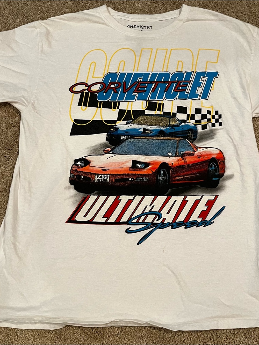 Chemistry White Tee with Red & Blue Corvette Graphic